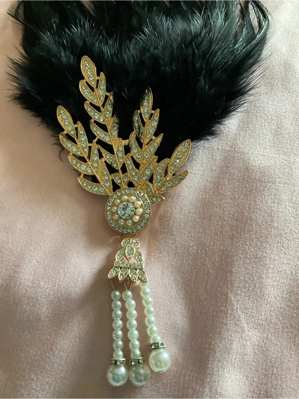 Handmade Flapper Feather Rhinestone Pearl Art Deco Brooch. Was flapper Headband.